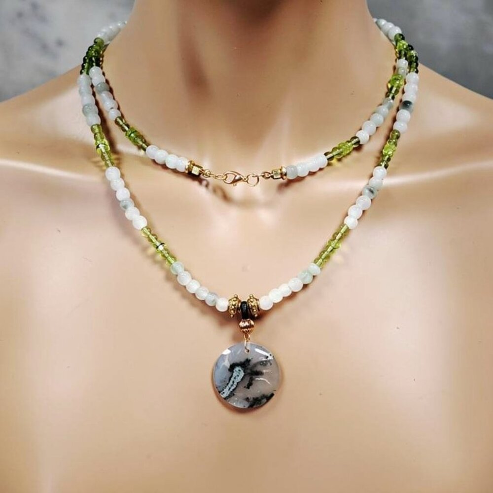 ✨ Handmade Tree Agate Necklace – Semi-Precious Stones – Gold-Tone Details & Pear